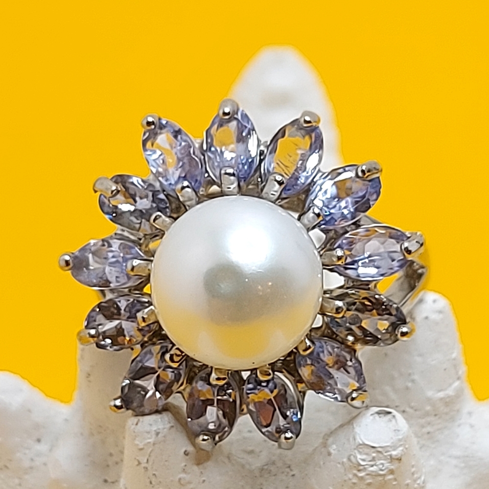 Unheated Natural Tanzanite 5x3mm & Pearl 925 Sterling Silver Ring Sz‎ 7.25